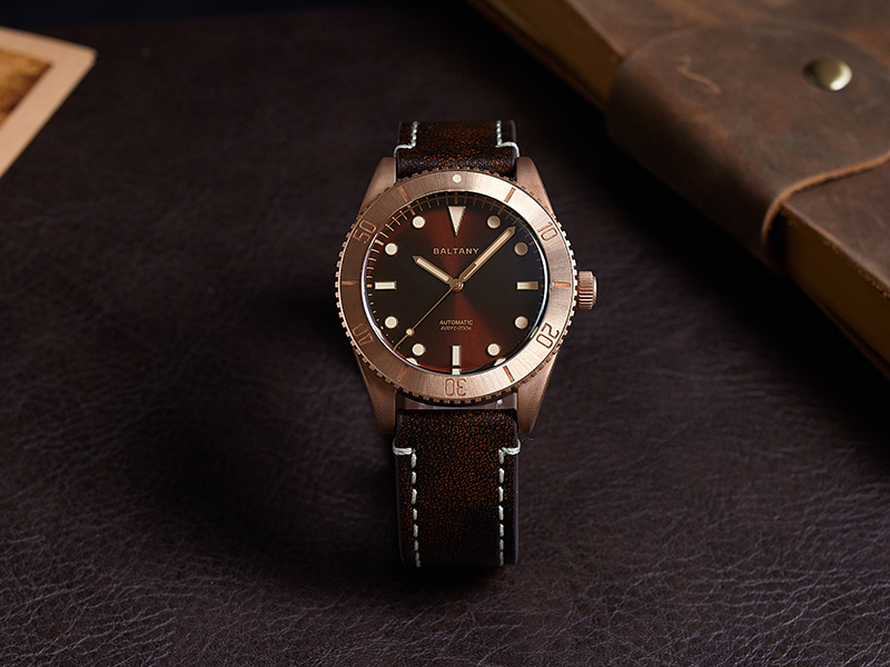 Baltany Burgundy Dial Bronze Diver Retro Watch S3016