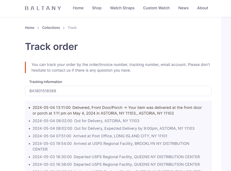 Baltany order logistics inquiry