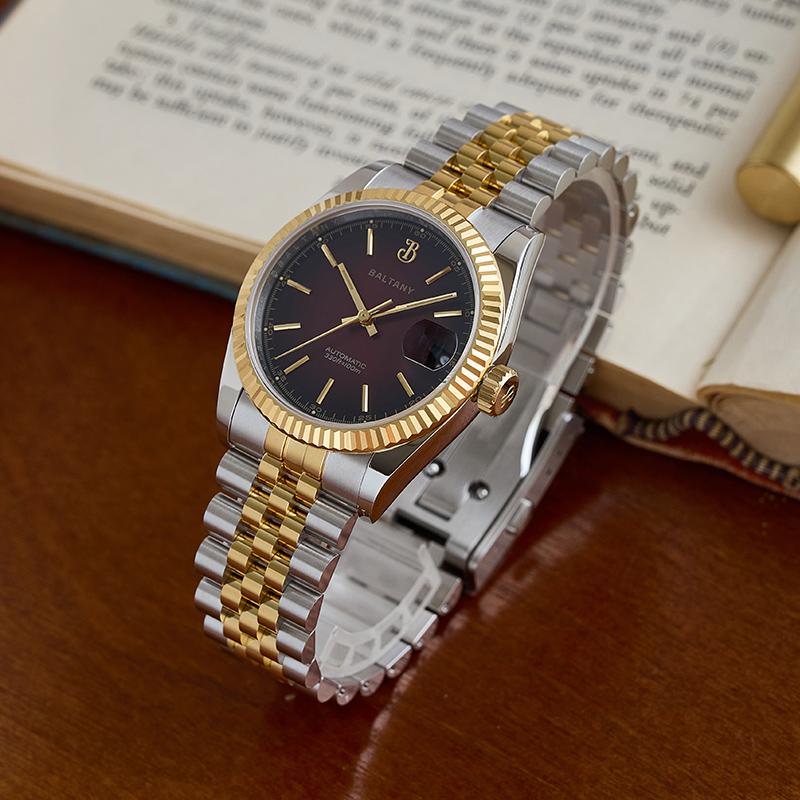 Baltany Burgundy 36mm Gold Retro Dress Watches S4084