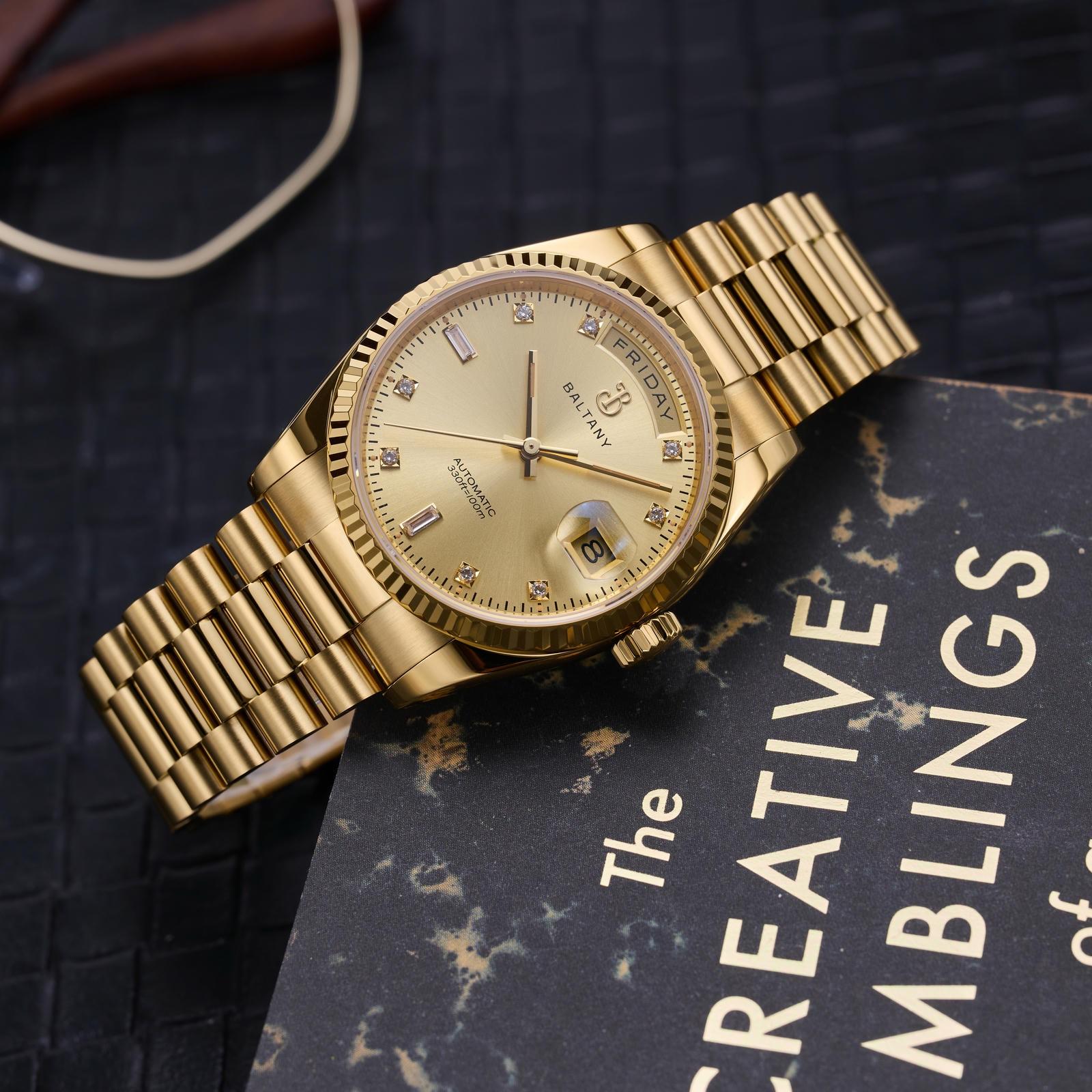 36mm Gold Case CZ Stone Dial DD Homage Watch S4109G